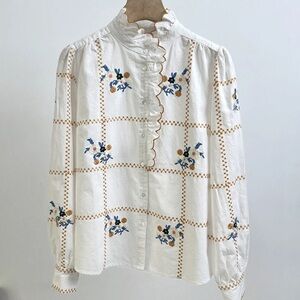 Sezane White Tan Blouse with Puff Sleeves and Mandarin Collar (Pre-owned)